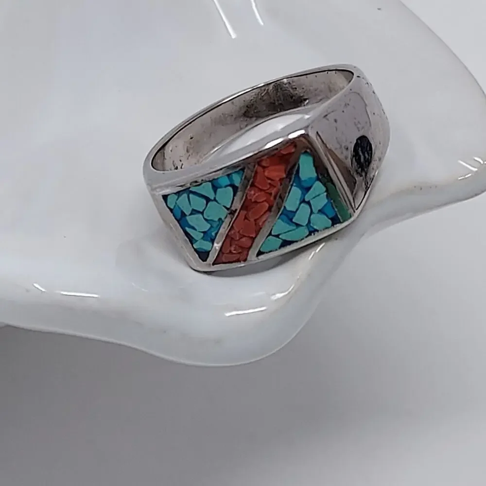 Men's Ring Sz 10.5 Silver Tone Faux Colorful Southwestern Style Inlay